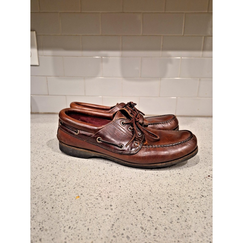 ECCO Shoes Mens 10.5 Casual Boat Brown Leather Lace Up Low Moc Toe Slip On